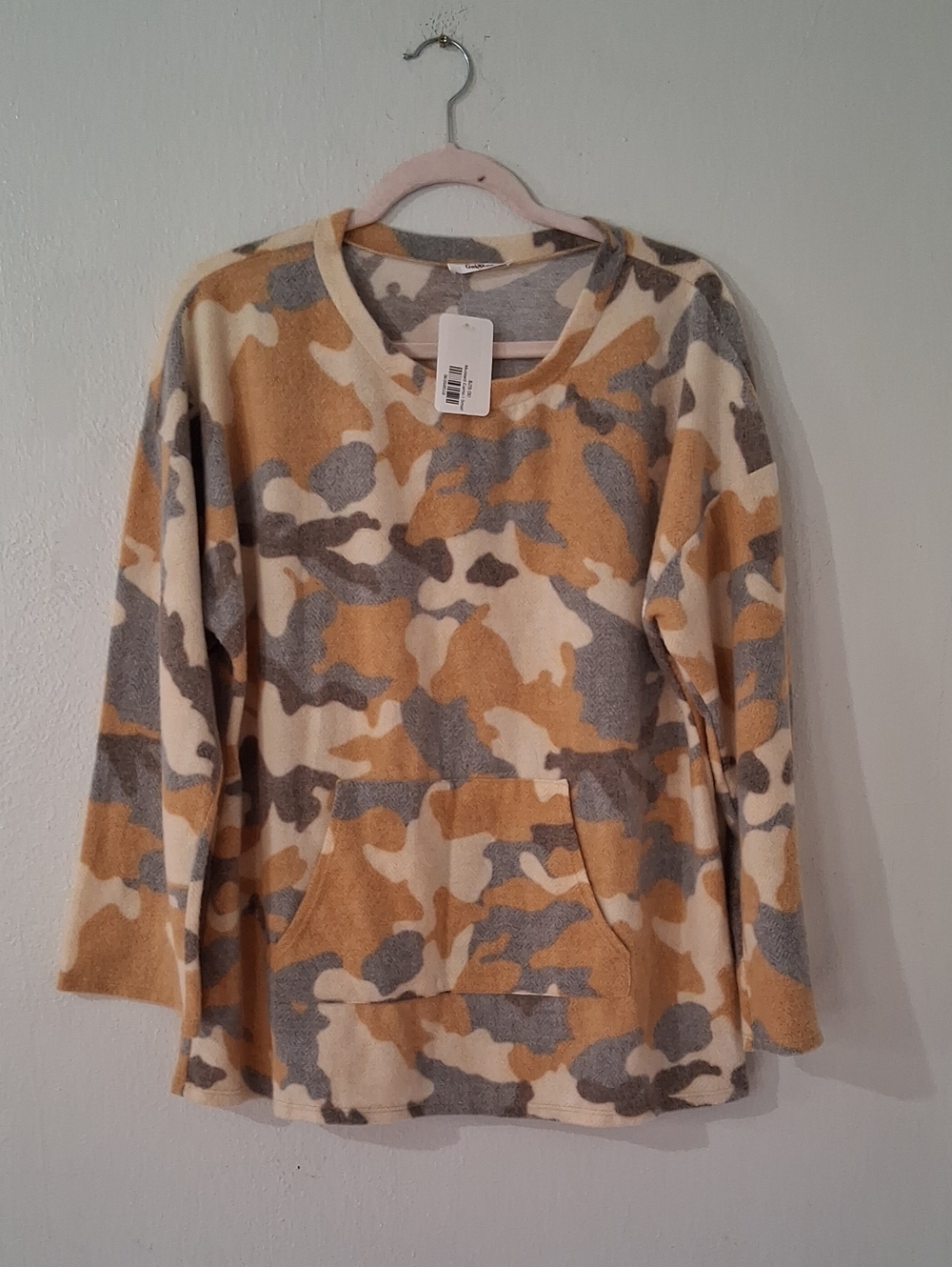 Camo Fleece Pullover Top Cream, Gray, Mustard
